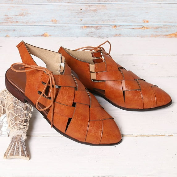 Daqian Sandals for Women Women's Casual Hollow Side Lace Up Leather Woven Back Low Heel Roman Sandals Slide Sandals for Women Yellow 9.5(43)