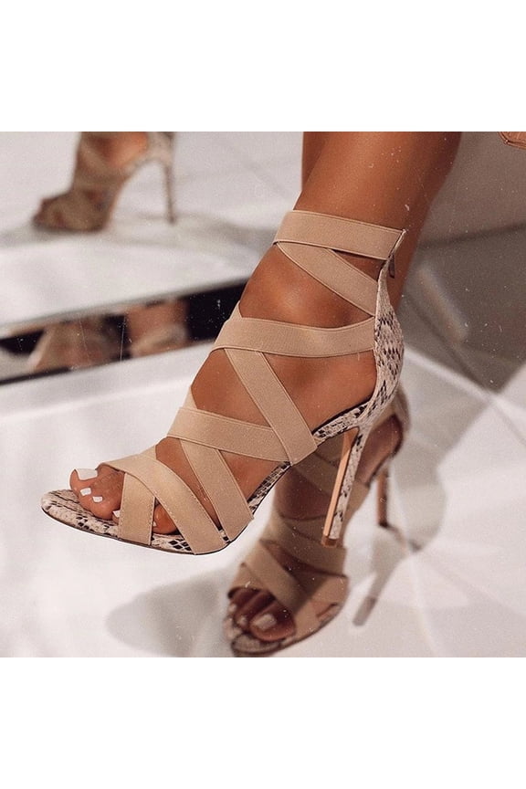 Sandals for Women Women's Sexy Snake Print Elastic Band Cross Strap Open Toe High Heel Sandals Shoes Slide Sandals for Women Beige 5.5(36)
