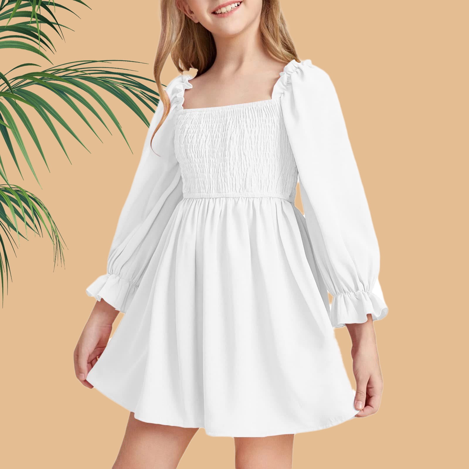 cute white dresses for 12 year olds Daqian Squares Neck Lantern Sleeve Ruffled Big Swings Dress High Waist Lace  Dress for Ages 3-10 Years Old Big Girls Dresses Girls Dresses Size 7 White  7-8 Years