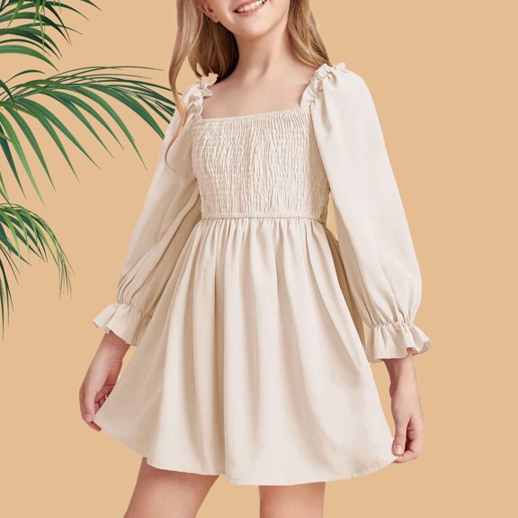 Daqian Squares Neck Lantern Sleeve Ruffled Big Swings Dress High Waist Lace Dress for Ages 3-10 Years Old Baby Girls Dresses Cute Baby Girl Clothes Beige 3-4 Years