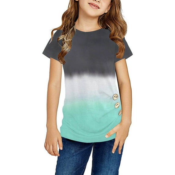 Daqian Summer Girls Short-sleeved Color Tie-dye Pattern Round Neck T-shirt Tops for Kid Girls Tops Girls T-Shirts Black 14-15 Years