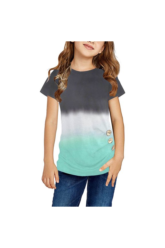 Summer Girls Short-sleeved Color Tie-dye Pattern Round Neck T-shirt Tops for Kid Girls Tops Girls T-Shirts Black 14-15 Years
