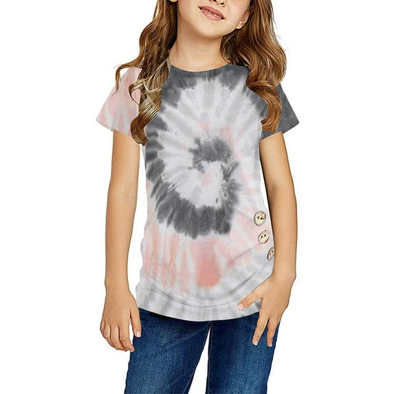 Daqian Summer Girls Short-sleeved Color Tie-dye Pattern Round Neck T-shirt Tops for Kid Girls Tops Clearance Girls T-Shirts Clearance Gray 8-10 Years