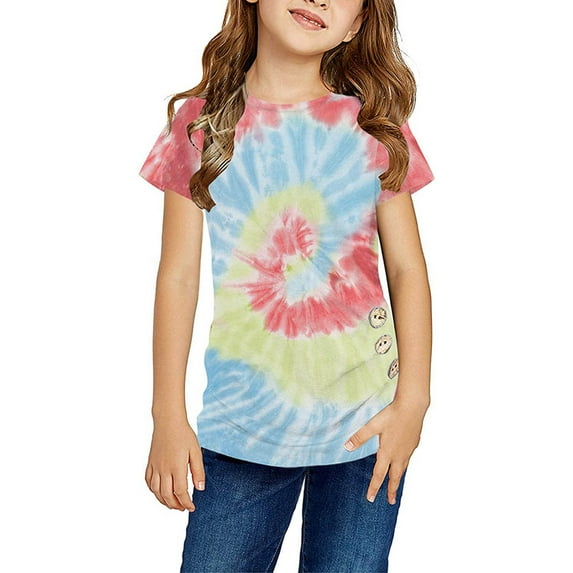 Daqian Summer Girls Short-sleeved Color Tie-dye Pattern Round Neck T-shirt Tops for Kid Girls Tops Girls T-Shirts Red 8-10 Years