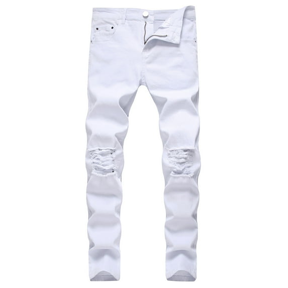 Daqian Sweat Pants for Men Clearance Men's New Tight-fitting Ripped Straight Hip-hop Stretch Motorcycle Denim Trouser Mens Pants Clearance White 10(XL)