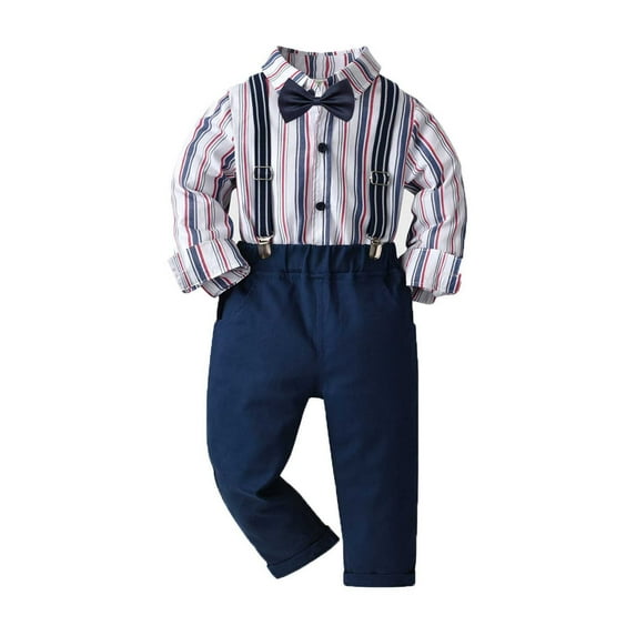 Daqian Toddler Boys Clothes Clearance Newborn Clothes Boys Stripe Long Sleeve Suspender Trousers Boys Sling Gentleman Party Birthday Clothes formal Suit Clearance Boys Clothes Dark Blue 18-24 Months