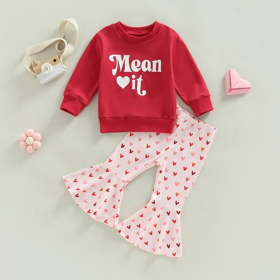 Daqian Toddler Girl Clothes Outfit, Toddler Girls Cotton Printed Top and Ruffles Flared Pants Outfit Set, 2 Piece, 2T-3T Toddler Girls Outfits, Pink 2-3 Years