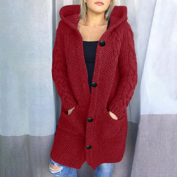 Daqian Winter Coats for Women Womens Long Sleeve Cable Knit Long Cardigan Open Front Button Hooded Sweater Outerwear Womens Coats and Jackets Wine 6(M)