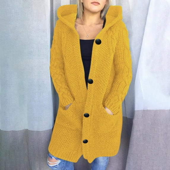 Daqian Winter Coats for Women Womens Long Sleeve Cable Knit Long Cardigan Open Front Button Hooded Sweater Outerwear Womens Coats and Jackets Clearance Yellow 8(L)