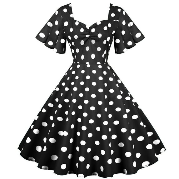 Daqian Women Vintage Wave Hem Short Sleeve Dresses Spaghetti Travel Style Polka Dot Dress Polka Dot Dresses for Women Short Printed Dresses Black L