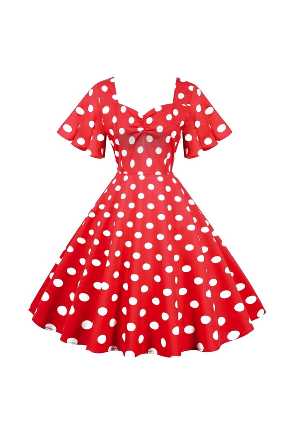 Women Vintage Wave Hem Short Sleeve Dresses Spaghetti Travel Style Polka Dot Dress Polka Dot Dresses for Women Short Printed Dresses Red S