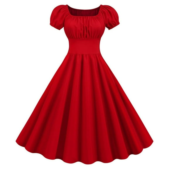 Daqian Womens Plus Size Dresses Women Summer Square Neck Short Sleeve Retro 50s 60s Vintage Party Swing Dress Womens Dresses Red L(L)