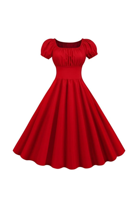Womens Plus Size Dresses Women Summer Square Neck Short Sleeve Retro 50s 60s Vintage Party Swing Dress Womens Dresses Red XXL(XXL)