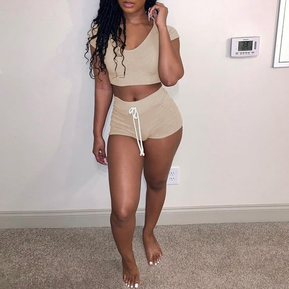 Daqian Womens Plus Size Shorts Clearance Fashion Women Sexy Solid Color Sportswear Suit 2PC Tracksuit Short Sleeve Sets Plus Size Shorts for Women Beige 8(L)