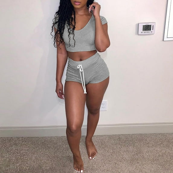 Daqian Womens Plus Size Shorts Clearance Fashion Women Sexy Solid Color Sportswear Suit 2PC Tracksuit Short Sleeve Sets Plus Size Shorts for Women Gray 10(XL)