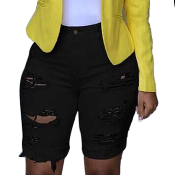 Daqian Womens Plus Size Shorts Women Elastic Destroyed Hole Leggings Short Pants Denim Shorts Ripped Jeans Plus Size Shorts for Women Black M(M)