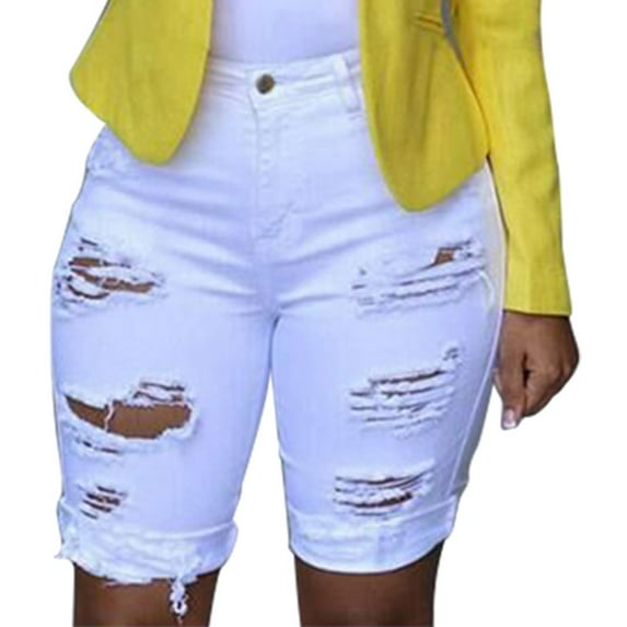 Daqian Womens Plus Size Shorts Clearance Women Elastic Destroyed Hole Leggings Short Pants Denim Shorts Ripped Jeans Plus Size Shorts for Women White L(L)