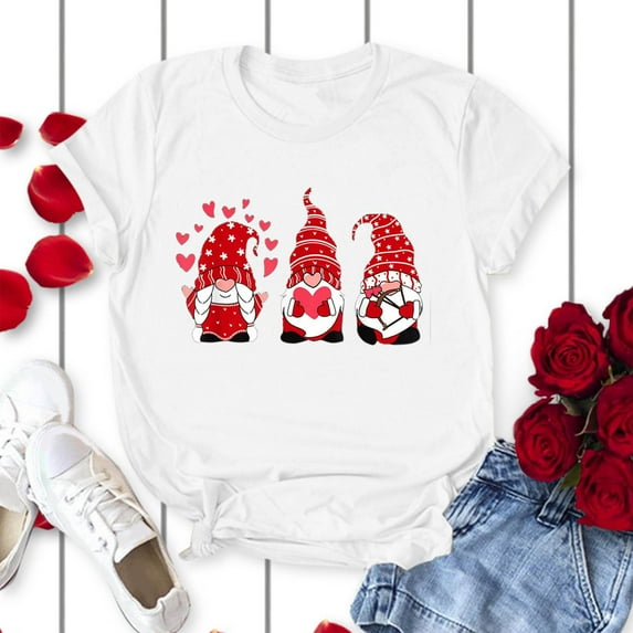 Daqian Womens Plus Size T-shirts 2021 Women Couples Lover Gnome Valentine's Day Short Sleeve Print T Shirts Tops Womens Graphic Tees Plus Size White M(M)