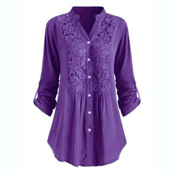Daqian Womens Shirts Women Ladies Large Size Button Lace V Neck Long Sleeve Shirt Blous Womens Blouses 3/4 Sleeve Plus Size Purple XXXXXL(XXXXXL)