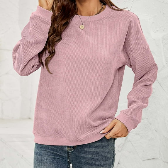 Daqian Womens Tops Clearance Women's Solid Corduroy Round Neck Pullover Long Sleeve Top Long Sleeve Round Neck Top/shirt Women Plus Size Clearance Items Pink 8(L)