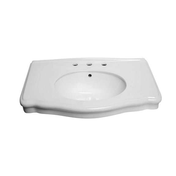 Darbyshire Wall Mount Bathroom Pedestal Sink Basin Part 34" W White Heavy Duty Ceramic Sink w/Backsplash, Overflow and 8" Widespread Faucet Holes Renovators Supply