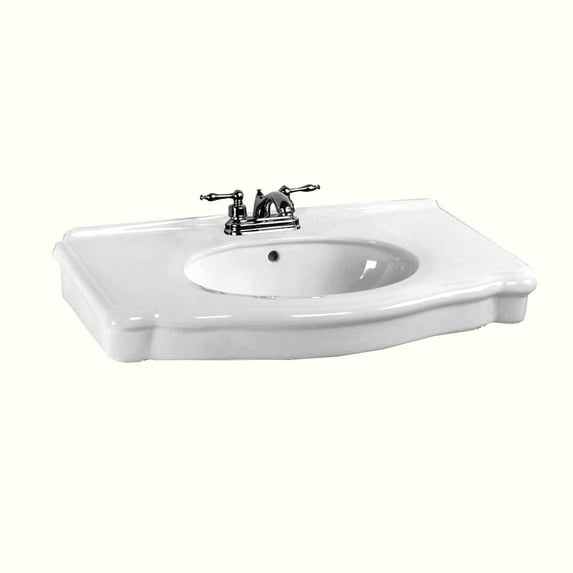 Darbyshire Wall Mount Bathroom Pedestal Sink Basin Part 34" Wide White Heavy Duty Ceramic Sink w/Backsplash, Overflow and Centerset Faucet Holes Renovators Supply