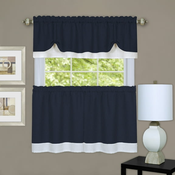 Darcy 36" Tier Pair Kitchen & Tie Valance Window Curtain Cottage Set Navy/White