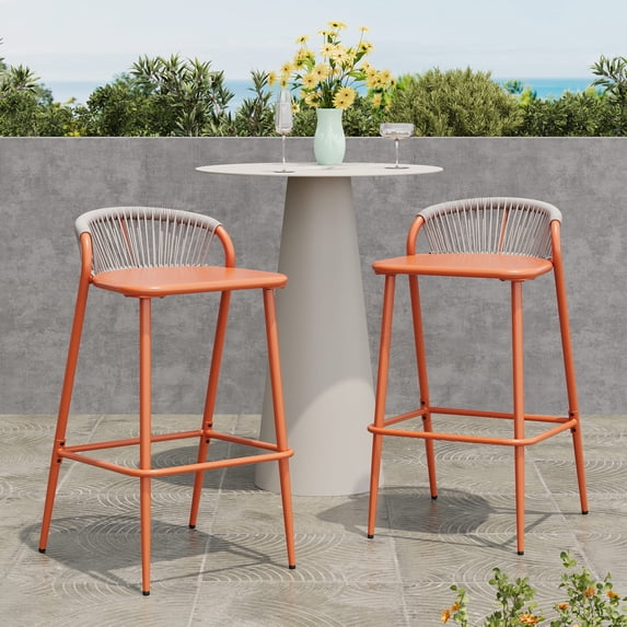 Darcy Modern Rope Weave Outdoor Patio Bar Stool, Aluminum Frame, Orange, Set of 2