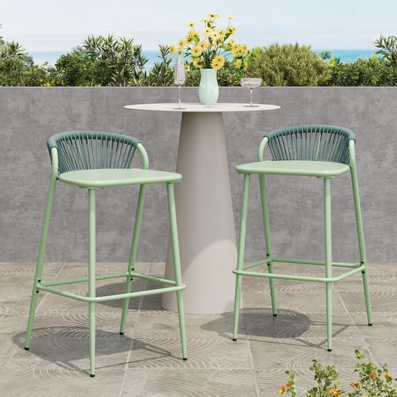 Darcy Modern Rope Weave Outdoor Patio Bar Stool, Aluminum Frame, Sage, Set of 2