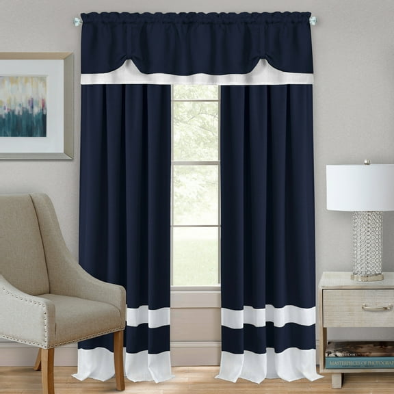 Darcy Navy Solid Contemporary Window Curtain Panel: 58" x 24", 58" x 14", Tier Pair & Valance