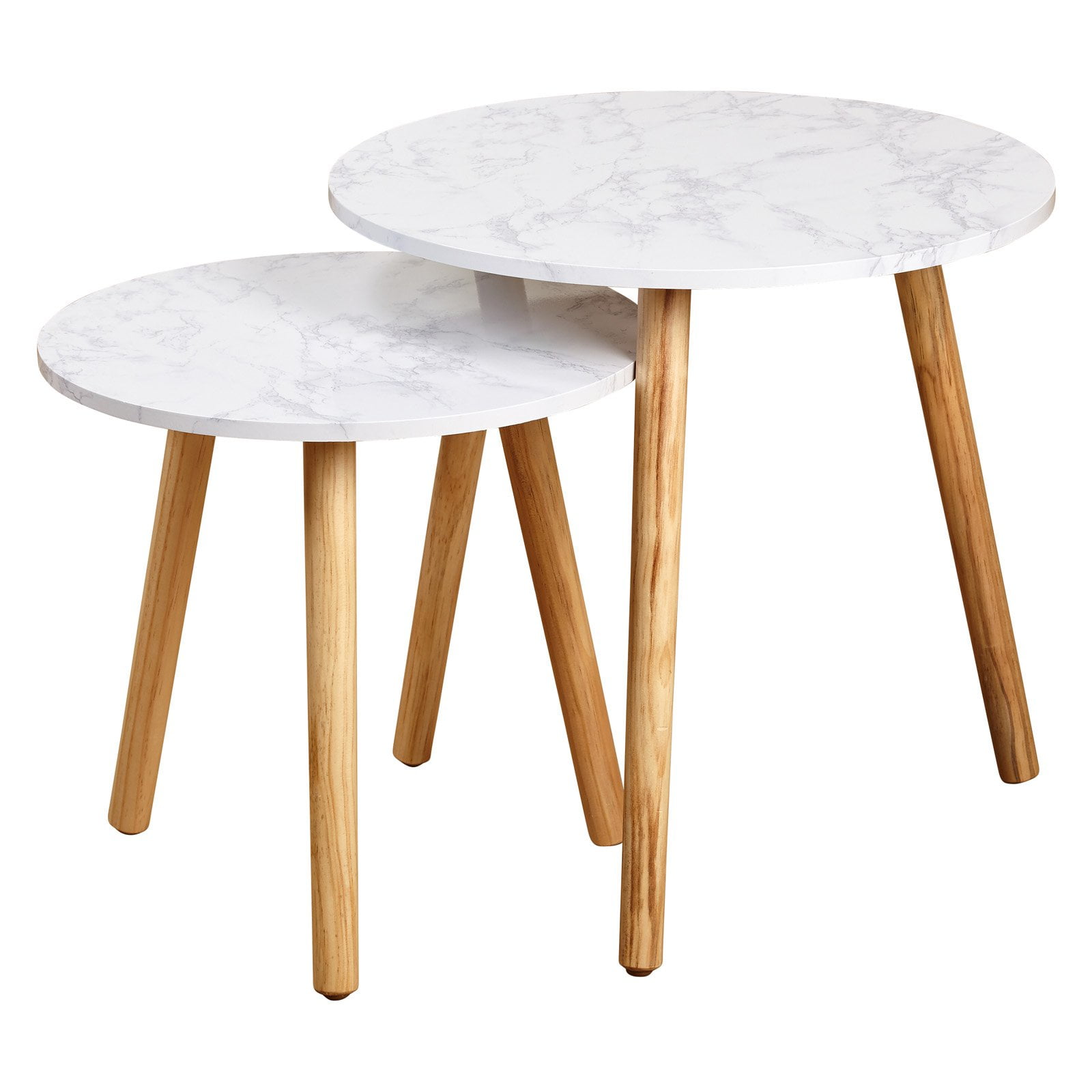 Darcy Round White Marble and Natural Wood Nesting Tables