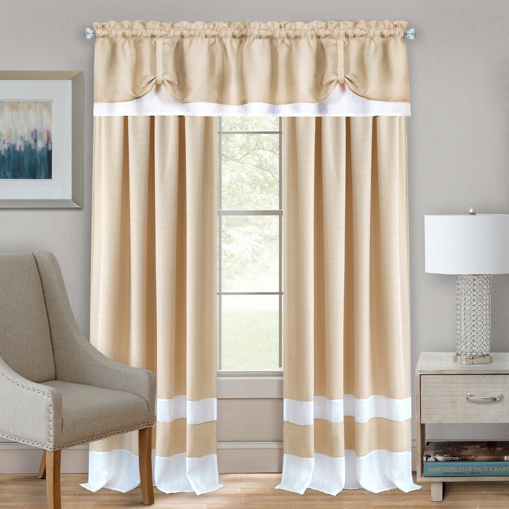 Tan and White Polyester Light-Filtering Tier Curtains with Rod Pocket
