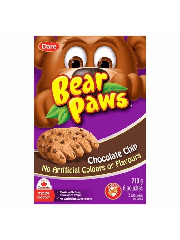Bear Paws Chocolate Chip Cookies, Peanut Free School Snacks, 6 pouches, 210 g