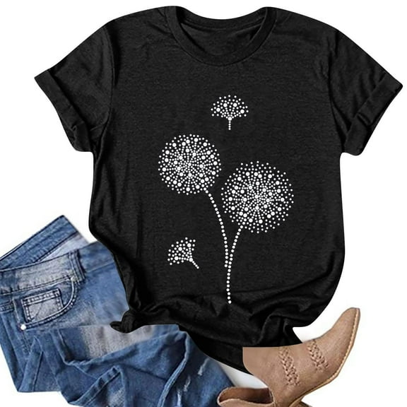 DailyTrove Women's Dandelion Graphic Tie-Dye Short Sleeve T-Shirt - Casual Loose Tee, Dreamy for Spring & Gatherings