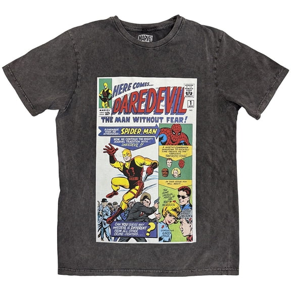 Marvel Comics Unisex Stone Wash T-Shirt Here Comes Daredevil Comic (Charcoal Grey) (Large)