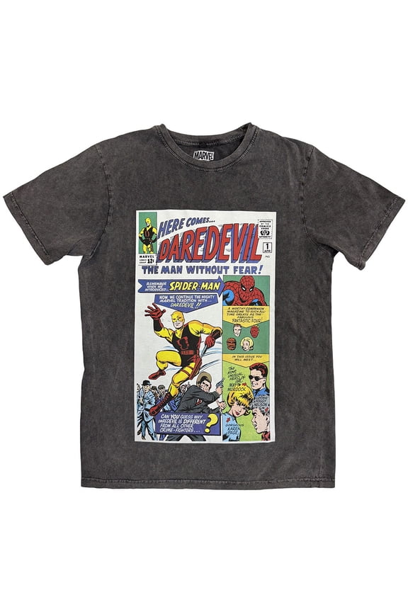 Marvel Comics Unisex Stone Wash T-Shirt Here Comes Daredevil Comic (Charcoal Grey)