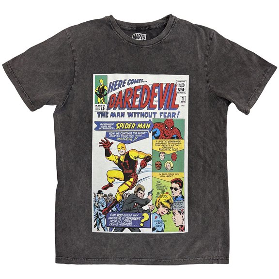 Marvel Comics Unisex Stone Wash T-Shirt Here Comes Daredevil Comic (Charcoal Grey) (X-Large)