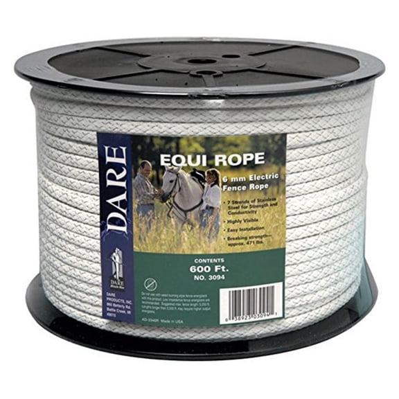 Dare Products 3094 Equi-Rope, 6mm x 600-Feet Braided HDPE and Polyester Mix Rope with 7 Strands of Stainless Steel Wire, Approximately 1/4" Diameter, 1,100 Lbs Average Breaking Strength, White