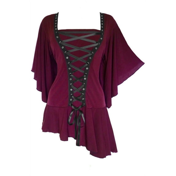 Dare to Wear Alchemy Corset Top: Gothic Steampunk Punk Rock Women's Plus Size Asymmetric Shirt, Garnet 3x