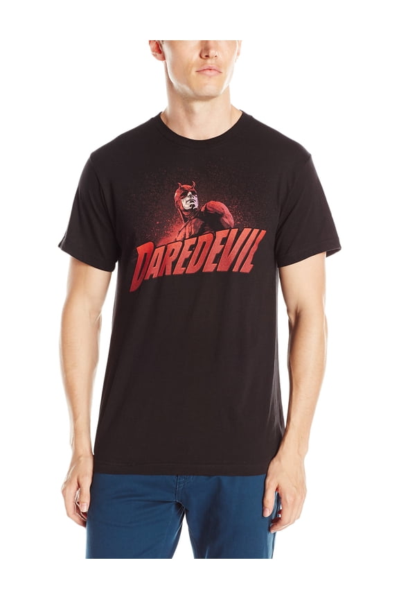 Daredevil (Marvel) Mens T-Shirt -Shadowy Matt Murdock Over Logo (Medium, Black)