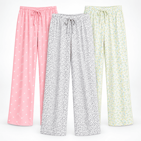 DARESAY Women’s Pajama Pants 3-Pack, Lightweight Soft Stretch Printed Sleep & Lounge Pants with Adjustable Drawstring Waist, Sizes S–2XL