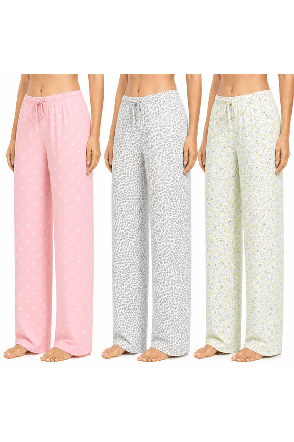 Women’s Lounge Pants 3-Pack, Soft Stretch Pajama Bottoms with Adjustable Drawstring Waist, Printed Wide Leg Sleep Pants, Sizes S-2XL