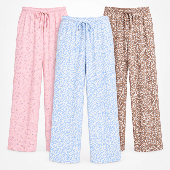DARESAY Women’s Pajama Pants 3-Pack, Lightweight Soft Stretch Printed Sleep & Lounge Pants with Adjustable Drawstring Waist, Sizes S–2XL