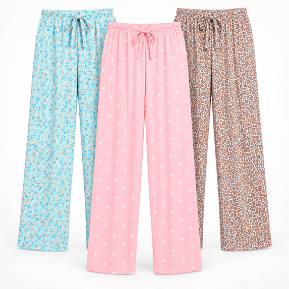 DARESAY Women’s Pajama Pants 3-Pack, Lightweight Soft Stretch Printed Sleep & Lounge Pants with Adjustable Drawstring Waist, Sizes S–2XL