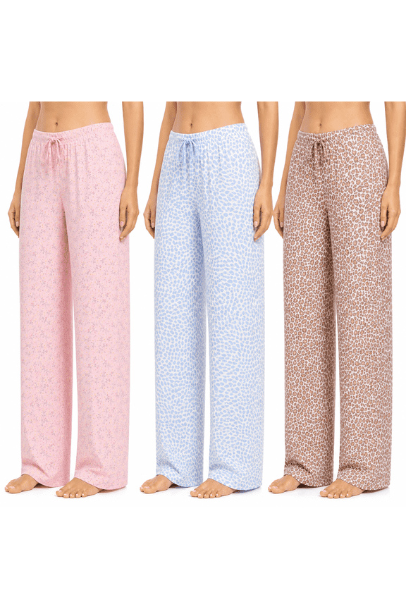 Women’s Lounge Pants 3-Pack, Soft Stretch Pajama Bottoms with Adjustable Drawstring Waist, Printed Wide Leg Sleep Pants, Sizes S-2XL