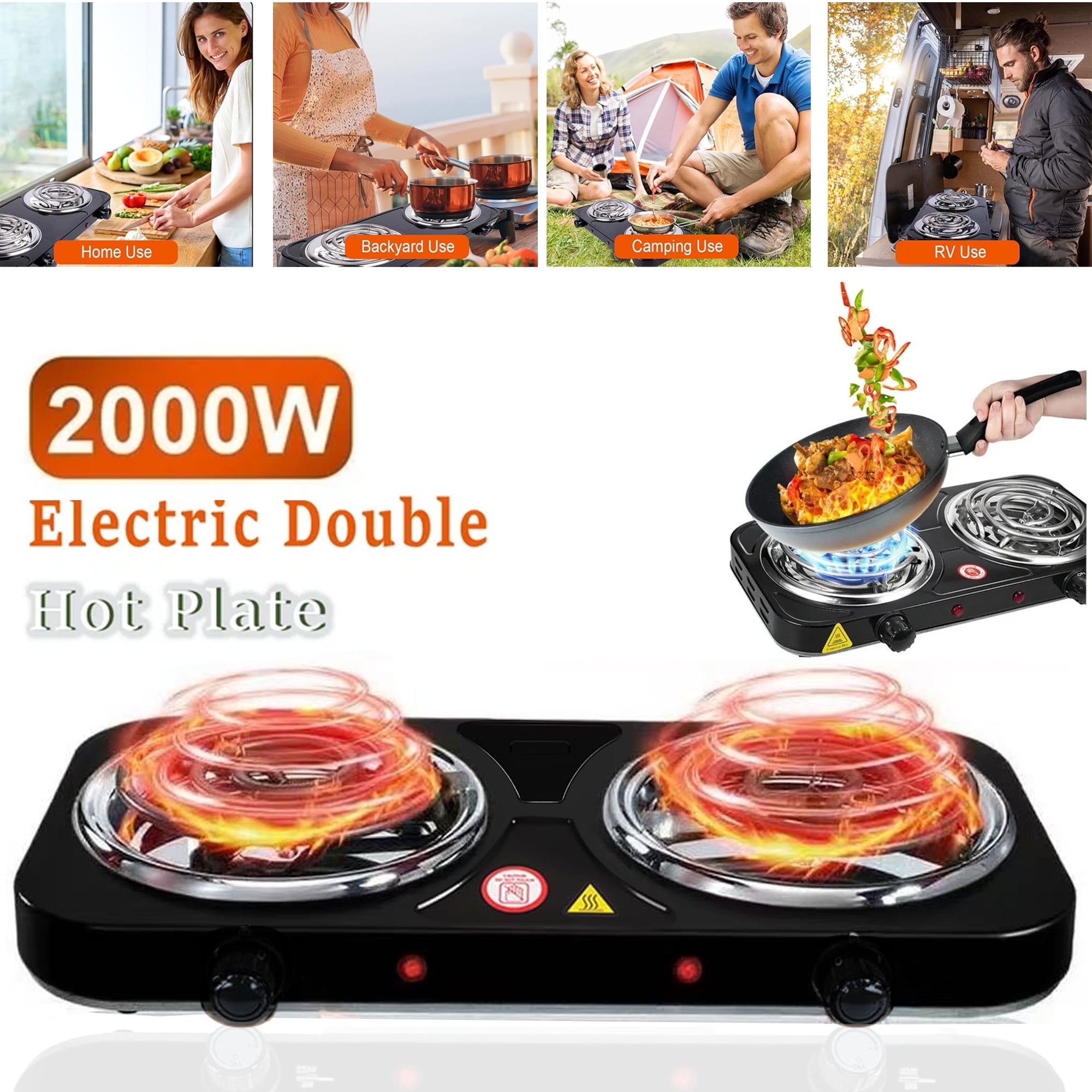 Daretodo 2000W Portable Electric Double Burner, Electric Hot Plate Kitchen Cooktop Cooking Stove Frying Pan and Easy to Clean for Home or Dorm, 5 Adjustable Temperatures, Black
