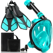 Daretodo Mask Fins Snorkel Set, Snorkeling Gear for Adults, Panoramic View Snorkel Mask Anti-Fog, Adjustable Dive Flippers, Dry Top Snorkel and Travel Bag, Scuba Gear for Swimming Snorkeling Diving
