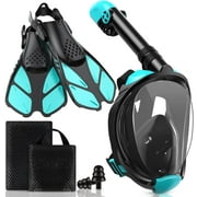 Daretodo Mask Fins Snorkel Set, Snorkeling Gear for Adults, Panoramic View Snorkel Mask Anti-Fog, Adjustable Dive Flippers, Dry Top Snorkel and Travel Bag, Scuba Gear for Swimming Snorkeling Diving
