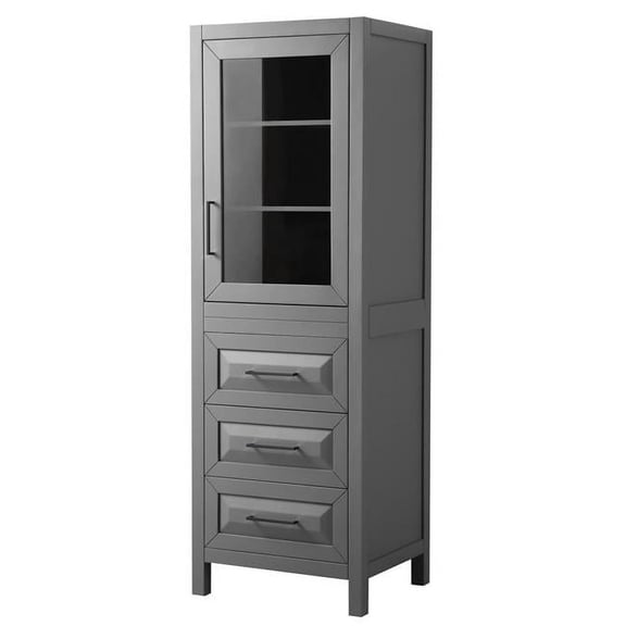 Daria Linen Tower in Dark Gray with Matte Black Trim, Shelved Cabinet Storage, & 3 Drawers