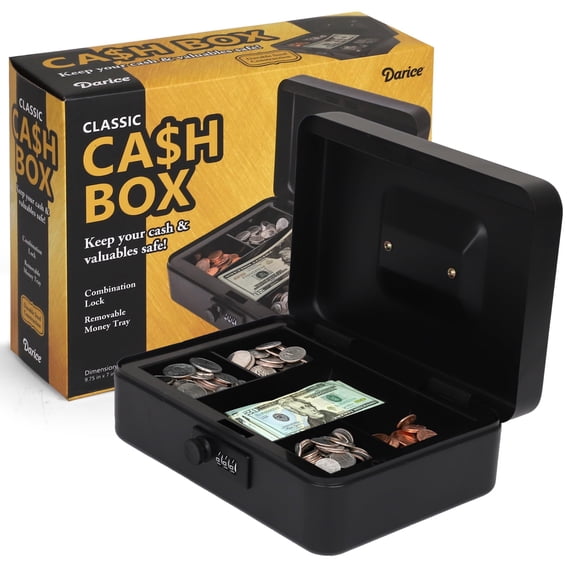 Darice Cash Box - Large Money Safe - Black Stainless Steel - Mechanical Key Lock - Removable Money Tray - Handle (7" x 9.7" x 3.5")